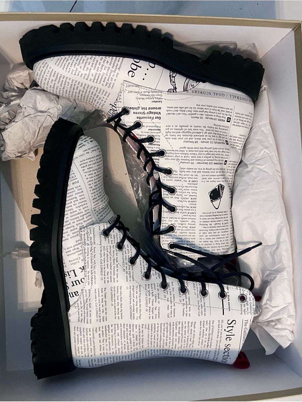 John Galliano Newspaper-Print Lace-Up Combat Boots - White/Black